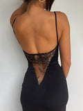 Momnfancy Black Lace Patchwork Backless Side Slit Cami Bodycon Elegant Evening Gown Maternity Photoshoot Baby Shower Party Maxi Dress