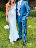 Momnfancy Light Blue Satin Silk V-neck Gender Reveal Baby Boy Shower Photoshoot Gown Maternity Maxi Dress