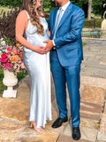 Momnfancy Light Blue Satin Silk V-neck Gender Reveal Baby Boy Shower Photoshoot Gown Maternity Maxi Dress