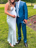 Momnfancy Light Blue Satin Silk V-neck Gender Reveal Baby Boy Shower Photoshoot Gown Maternity Maxi Dress