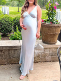 Momnfancy Light Blue Satin Silk V-neck Gender Reveal Baby Boy Shower Photoshoot Gown Maternity Maxi Dress