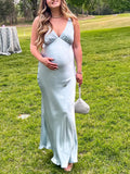 Momnfancy Light Blue Satin Silk V-neck Gender Reveal Baby Boy Shower Photoshoot Gown Maternity Maxi Dress