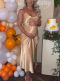 Momnfancy Champagne Elegant Satin Side Slit Flowy Spaghetti Strap Party Babyshower Maternity Maxi Dress