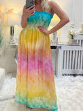 Momnfancy Chic Tie Dye Gradient Color Hit Color Flowy Holiday Babyshower Maternity Maxi Dress