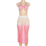 Momnfancy Two Piece Fishnet Halter Neck Side Slit Hit Color Beach Babyshower Maternity Maxi Dress