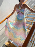 Momnfancy Elegant Pink&Blue Tie Dye Gradient Color Cutout Bare Waist Flowy Holiday Gender Reveal Maternity Maxi Dress