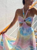 Momnfancy Elegant Pink&Blue Tie Dye Gradient Color Cutout Bare Waist Flowy Holiday Gender Reveal Maternity Maxi Dress
