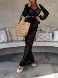 Momnfancy Chic Black Crochet Knitwear Cutout Bare Waist Transparent Holiday Photoshoot Cover-Ups Maternity Maxi Dress