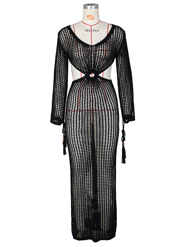 Momnfancy Chic Black Crochet Knitwear Cutout Bare Waist Transparent Holiday Photoshoot Cover-Ups Maternity Maxi Dress