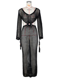 Momnfancy Chic Black Crochet Knitwear Cutout Bare Waist Transparent Holiday Photoshoot Cover-Ups Maternity Maxi Dress