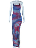 Momnfancy Chic Blue Thigh High Side Slits Tie Dye Gradient Color Bodycon Vacation Babyshower Maternity Maxi Dress