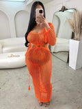 Momnfancy Chic Orange Crochet Knitwear Cutout Bare Waist Transparent Vacation Photoshoot Cover-Ups Maternity Maxi Dress