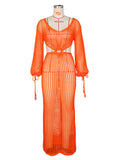 Momnfancy Chic Orange Crochet Knitwear Cutout Bare Waist Transparent Vacation Photoshoot Cover-Ups Maternity Maxi Dress