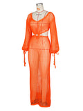 Momnfancy Chic Orange Crochet Knitwear Cutout Bare Waist Transparent Vacation Photoshoot Cover-Ups Maternity Maxi Dress