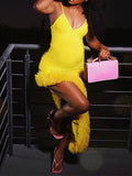 Momnfancy Yellow Spaghetti Strap Tulle Irregular Side Slit Bodycon Party Plus Size Baby Shower Maternity Maxi Dress