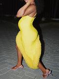 Momnfancy Yellow Spaghetti Strap Tulle Irregular Side Slit Bodycon Party Plus Size Baby Shower Maternity Maxi Dress