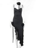 Momnfancy Spaghetti Straps Ruffle 3D Flower Ruched Side Draped Flowy Fashion Chic Baby Shower Maternity Maxi Dress