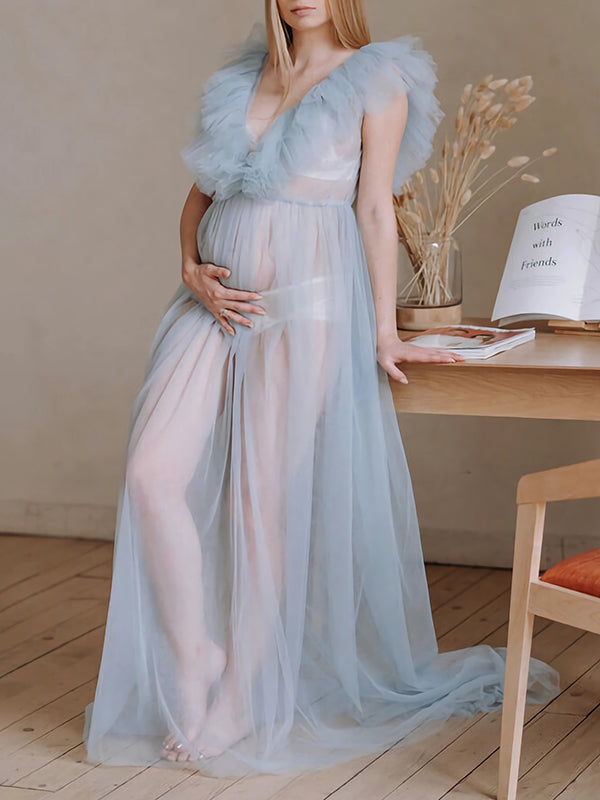 Momnfancy Light Blue Mesh Ruched Flowy V-neck Elegant Photoshoot Maternity Maxi Dress