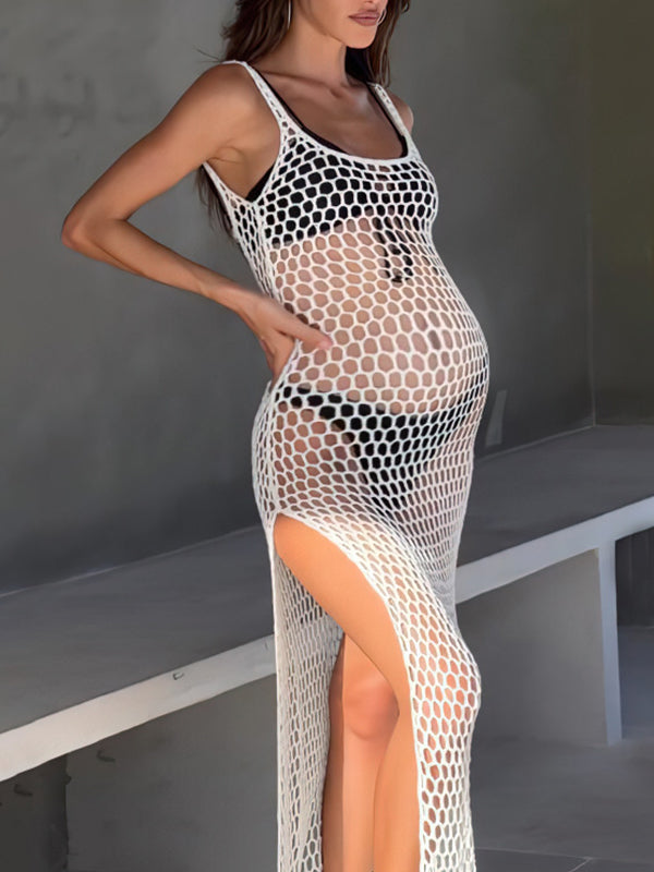 Momnfancy White Cut Out Mesh Tie Back Thigh High Side Slits Backless Round Neck Fashion Beach Smock Baby Shower Maternity Maxi Dress