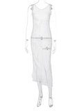 Momnfancy White Cut Out Mesh Tie Back Thigh High Side Slits Backless Round Neck Fashion Beach Smock Baby Shower Maternity Maxi Dress