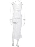 Momnfancy White Cut Out Mesh Tie Back Thigh High Side Slits Backless Round Neck Fashion Beach Smock Baby Shower Maternity Maxi Dress