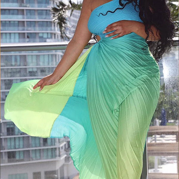 Momnfancy Oblique Shoulder Pleated Irregular Cut Out Gradient Color Babyshower Maternity Maxi Dress