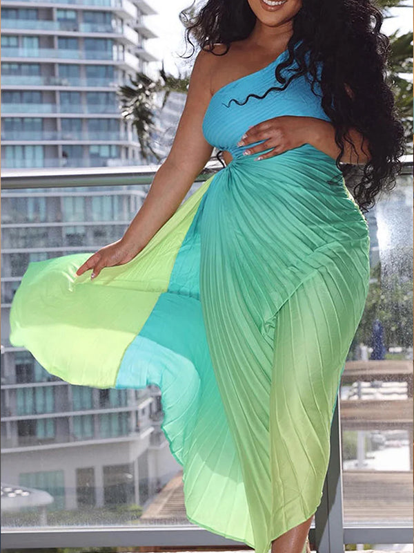 Momnfancy Oblique Shoulder Pleated Irregular Cut Out Gradient Color Babyshower Maternity Maxi Dress