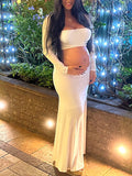 Momnfancy White Belly Friendly 2 Piece Bandeau Open belly Babyshower Maternity Maxi Dress