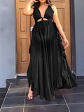 Momnfancy Elegant Irregular Falbala Cutout Open Belly Flowy Babyshower Daily Vacation Maternity Maxi Dress