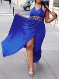 Momnfancy Elegant Blue Side Slit Cutout Open Belly Flowy Backless Babyshower Daily Vacation Maternity Maxi Dress