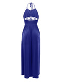 Momnfancy Elegant Blue Side Slit Cutout Open Belly Flowy Backless Babyshower Daily Vacation Maternity Maxi Dress