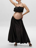 Momnfancy Black Spaghetti Strap 3D Flower Crop 2-in-1 High Waist Photoshoot Maternity Maxi Dress