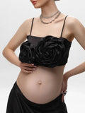 Momnfancy Black Spaghetti Strap 3D Flower Crop 2-in-1 High Waist Photoshoot Maternity Maxi Dress