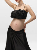 Momnfancy Black Spaghetti Strap 3D Flower Crop 2-in-1 High Waist Photoshoot Maternity Maxi Dress