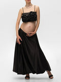 Momnfancy Black Spaghetti Strap 3D Flower Crop 2-in-1 High Waist Photoshoot Maternity Maxi Dress