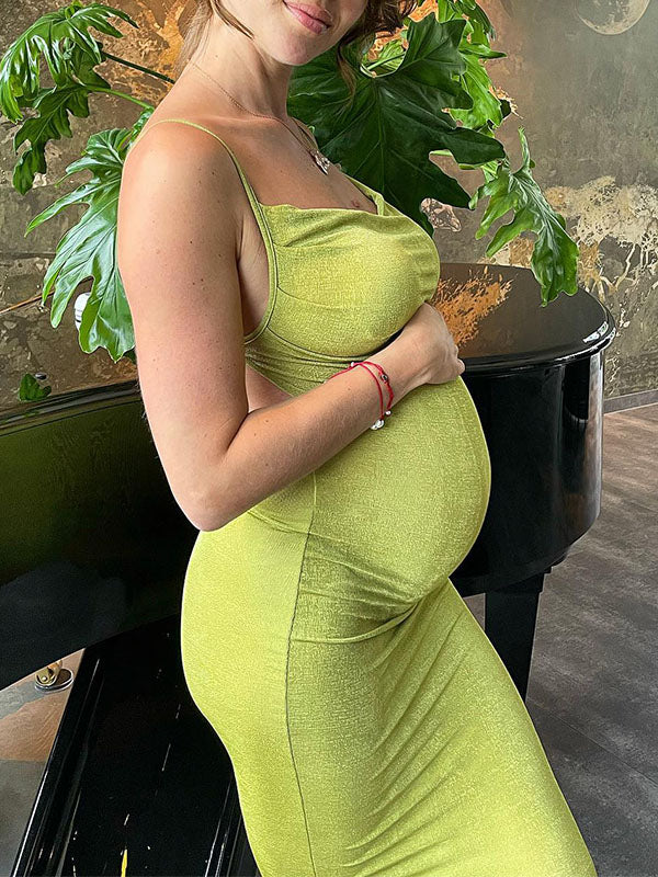 Momnfancy Green Spaghetti Strap Backless Elegant Baby Shower Maternity Maxi Dress