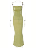 Momnfancy Green Spaghetti Strap Backless Elegant Baby Shower Maternity Maxi Dress