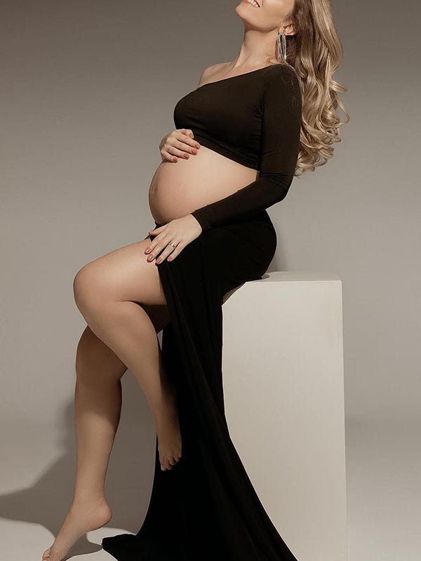 Momnfancy Black Off Shoulder Cascading Ruffle Side Slit Crop Cut Out Bodycon Photoshoot Maternity Maxi Dress