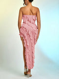 Momnfancy Off Shoulder Bandeau Ruffle Irregular Mesh Tulle Side Slit Bodycon Chic Baby Shower Maternity Maxi Dress