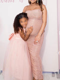 Momnfancy Sparkly Pink Ruched Cami Slit Bodycon Gender Reveal Elegant Evening Gown Maternity Photoshoot Baby Shower Party Maxi Dress
