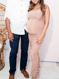 Momnfancy Sparkly Pink Ruched Cami Slit Bodycon Gender Reveal Elegant Evening Gown Maternity Photoshoot Baby Shower Party Maxi Dress