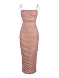 Momnfancy Sparkly Pink Ruched Cami Slit Bodycon Gender Reveal Elegant Evening Gown Maternity Photoshoot Baby Shower Party Maxi Dress