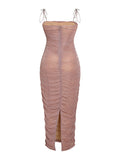 Momnfancy Sparkly Pink Ruched Cami Slit Bodycon Gender Reveal Elegant Evening Gown Maternity Photoshoot Baby Shower Party Maxi Dress