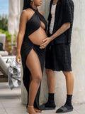Momnfancy Black Cut Out Crop Thigh High Side Slits Ruched Knot Halter Neck Fashion Photoshoot Maternity Maxi Dress