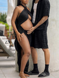 Momnfancy Black Cut Out Crop Thigh High Side Slits Ruched Knot Halter Neck Fashion Photoshoot Maternity Maxi Dress