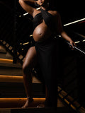 Momnfancy Black Cut Out Crop Thigh High Side Slits Ruched Knot Halter Neck Fashion Photoshoot Maternity Maxi Dress