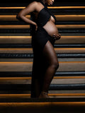 Momnfancy Black Cut Out Crop Thigh High Side Slits Ruched Knot Halter Neck Fashion Photoshoot Maternity Maxi Dress