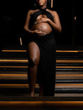 Momnfancy Black Cut Out Crop Thigh High Side Slits Ruched Knot Halter Neck Fashion Photoshoot Maternity Maxi Dress