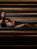 Momnfancy Black Cut Out Crop Thigh High Side Slits Ruched Knot Halter Neck Fashion Photoshoot Maternity Maxi Dress