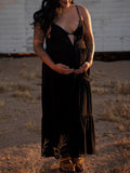 Momnfancy Black Cut Out Backless Deep V-neck Cami Big Swing Elegant Maternity Photoshoot Baby Shower Party Maxi Dress